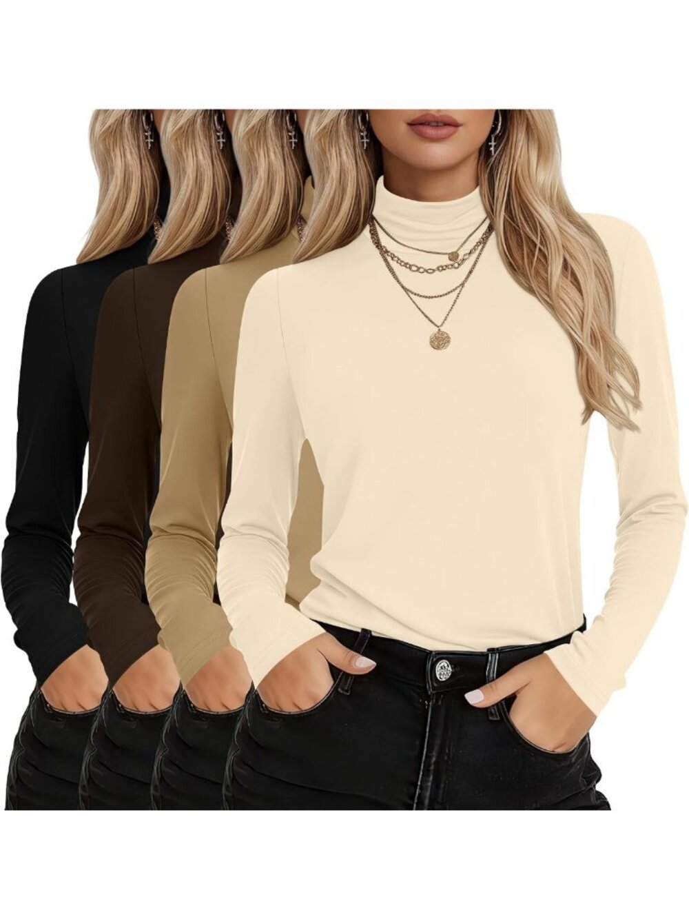 Oakgarden 4 Pack Womens Cotton Turtleneck Tops Long Sleeve Shirt